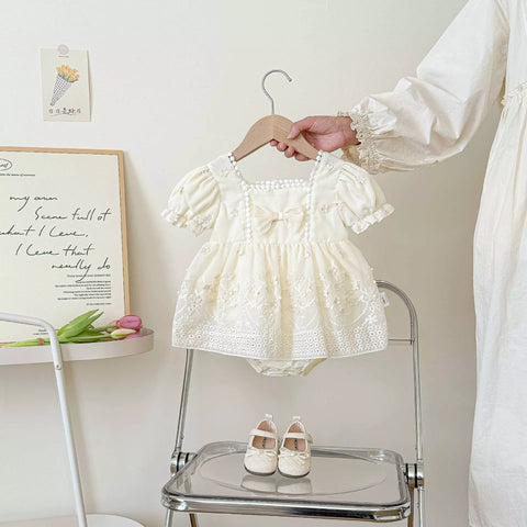 Baby Girl Square Neck Bow Puff Sleeve Dress