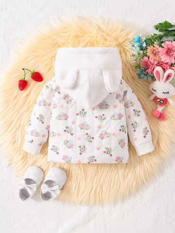 Baby Girl Floral Print Fleece Lined Bunny Ear Jacket