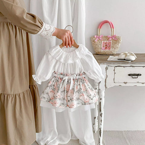 2 Pc Baby Girl Ruffle Collar Shirt & Floral Skirt Set