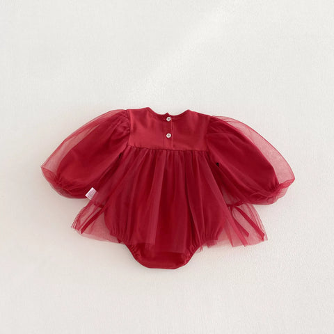 Baby Girl Red Ribbon Tulle Bodysuit Dress