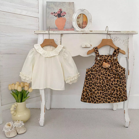 2 Pc Girls Leopard Print Cat Overall w/ Shirt