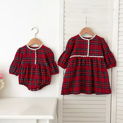 Girls Red Plaid Lace Trim Bodysuit or Dress