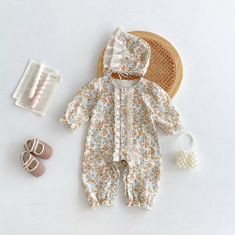 2 Pc Autumn Baby Girl Rustic Floral Romper w/ Bonnet