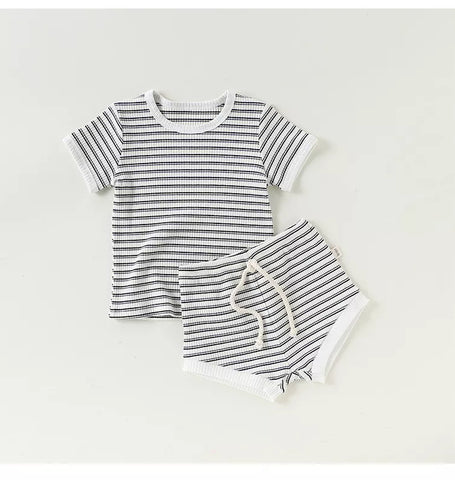 2 Pc Baby Striped Ribbed Tee & Shorts Set