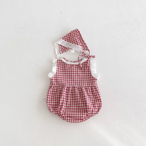 2 Pc Baby Girl Plaid Lace Trim Bodysuit w/ Bandana
