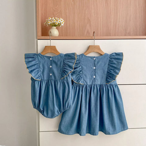 Girls Bows Chambray Denim Dress/Bodysuit