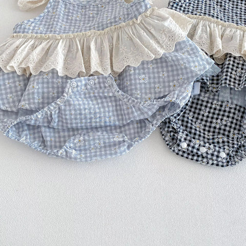 Baby Girls Gingham Lace Sleeve Bodysuit Dress