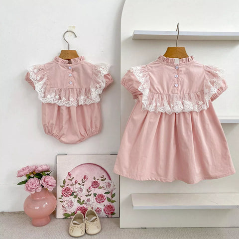 Girls Lace Trim Flower Embroidered Bodysuit or Dress