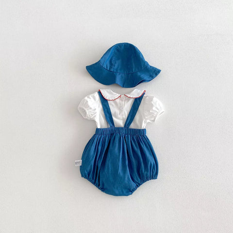 3 Pc Strawberry Overall Bodysuit w/ Collar Shirt & Hat