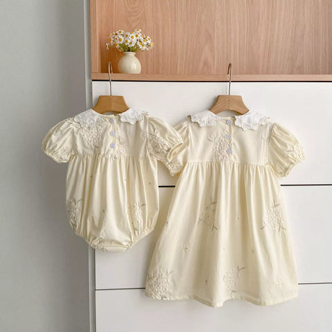 Girls Butter Yellow Bouquet Embroidered Bodysuit or Dress