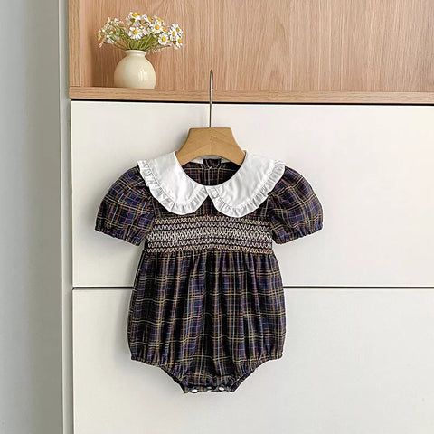 Girls Smocked Fall Plaid Ruffle Peter Pan Collar Bodysuit or Dress