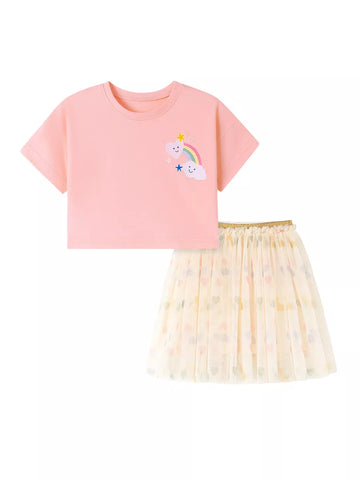 2 Pc Rainbow Hearts Tee and Mesh Skirt Set