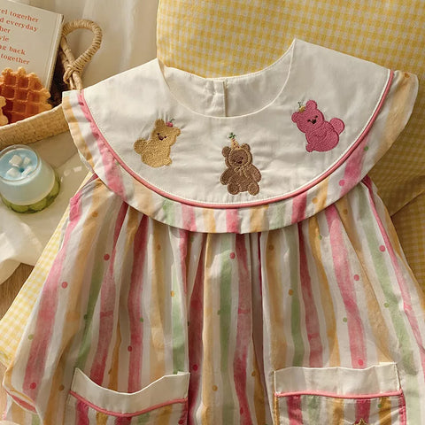 Girls Party Bear Circle Collar Rainbow Dress