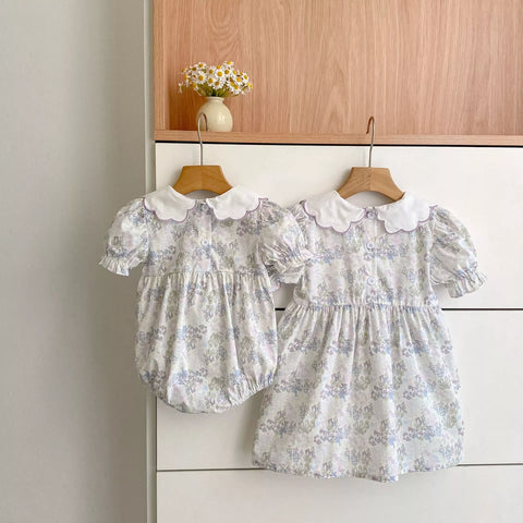 Girls Flower Pattern Scallop Collar Bodysuit or Dress