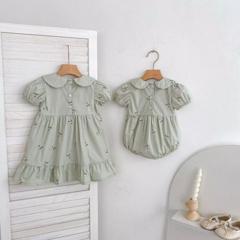 Girls Cotton Ditsy Flower Embroidered Puff Sleeve  Bodysuit or Dress