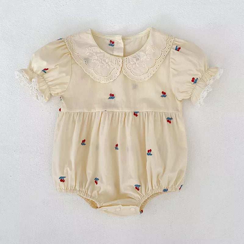 Girls Cotton Cherry Embroidered Puff Sleeve Bodysuit or Dress