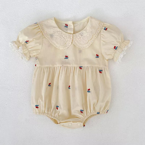 Girls Cotton Cherry Embroidered Puff Sleeve Bodysuit or Dress