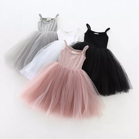 Girls Basic Ribbed Cami Mesh Tulle Dress