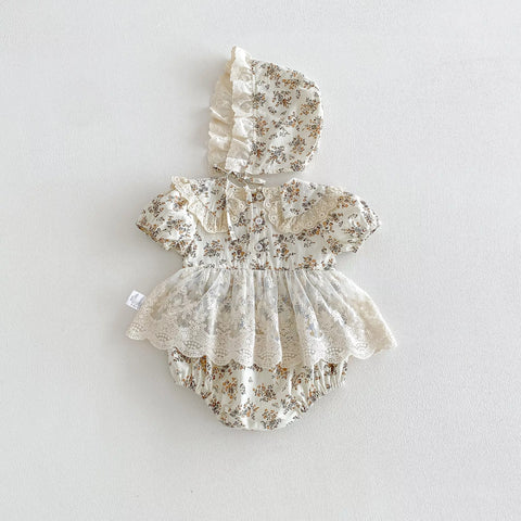 2 Pc Baby Girl Vintage Style Bodysuit w/ Bonnet
