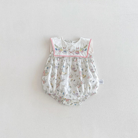 Baby Girl Square Bib Collar Bunny Print Bodysuit