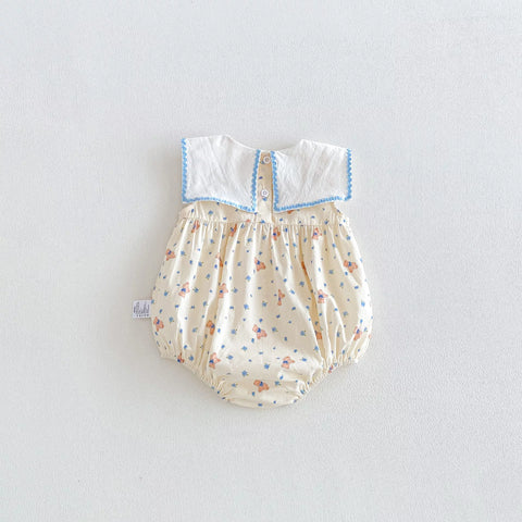 Baby Girl Square Bib Collar Bear Print Bodysuit