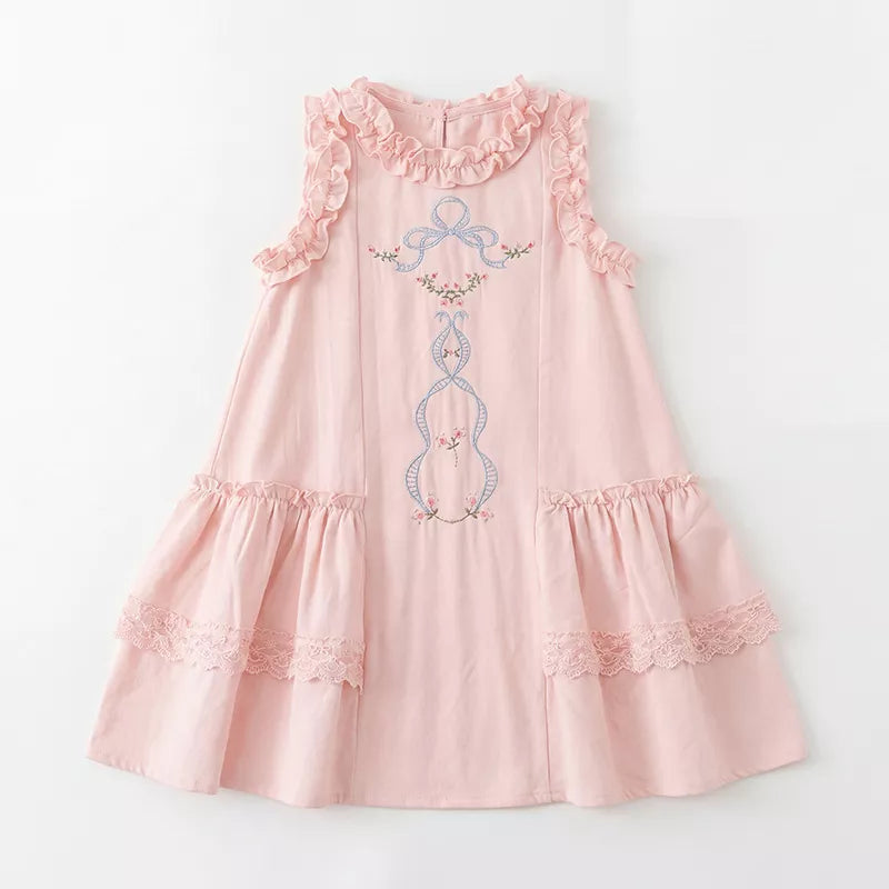 Girls Ruffle Low Waist Ribbon Emb Dress