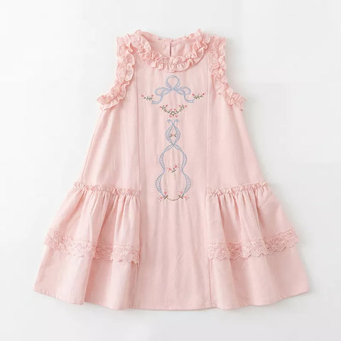 Girls Ruffle Low Waist Ribbon Emb Dress
