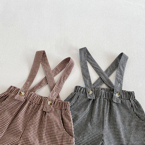 2 Pc Boys Plaid Suspenders Shorts & Shirt Set