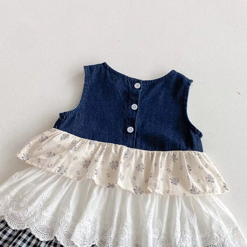 Girls Ruffle Tiered Mix Fabric Skirt Dress