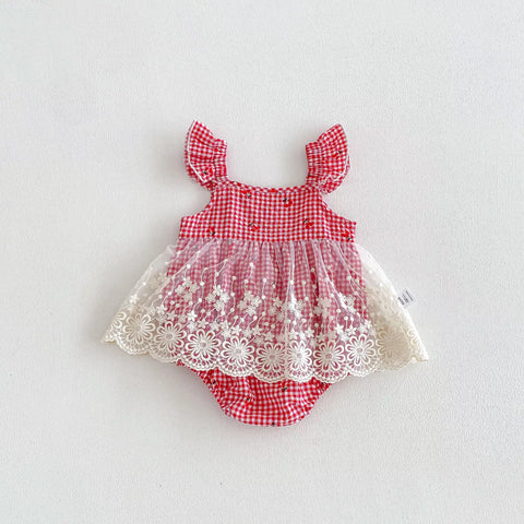 Baby Girl Cherry Plaid Lace Overlay Bodysuit Dress
