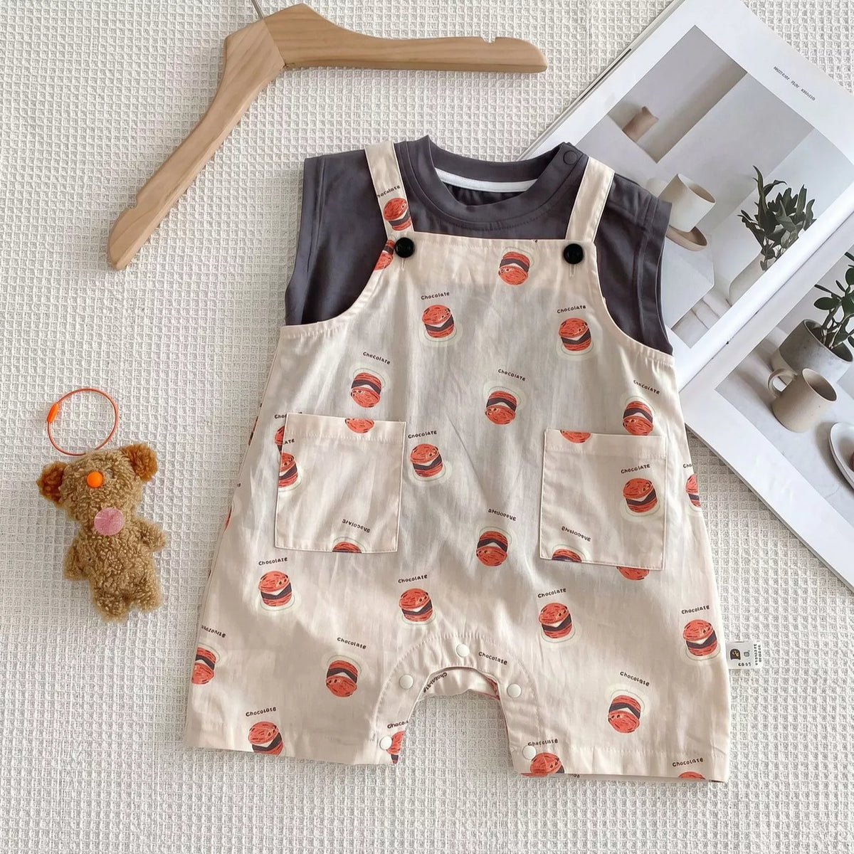 Unisex Baby Hamburger Print Overall & Tank Top Set