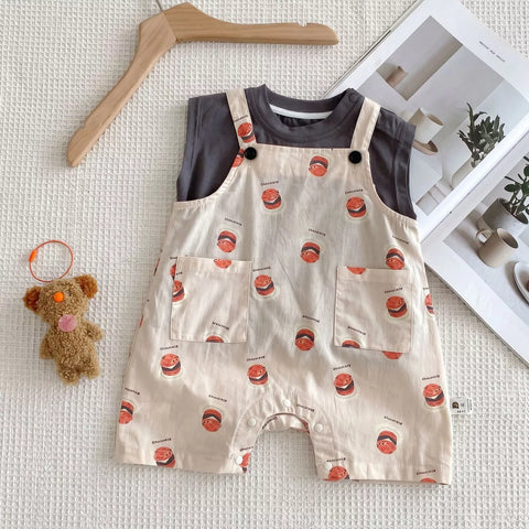 Unisex Baby Hamburger Print Overall & Tank Top Set