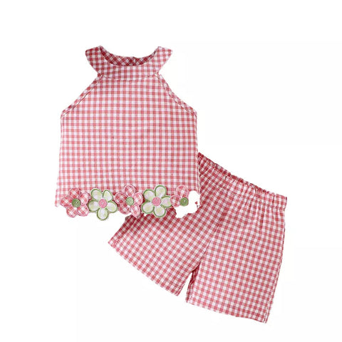 2 Pc Baby Girl Halter Gingham Flower Patch Shorts Set