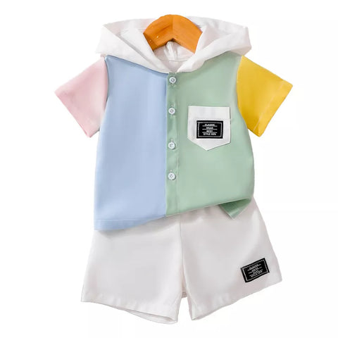 2 Pc Boys Hooded Colorblock Shirt & Shorts Set