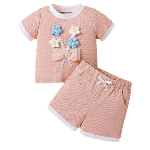 2 Pc Baby Girl Waffle Knit 3D Flower Set