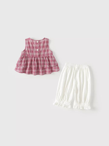 2 Pc Girls Boho Plaid Top & Ruffle Capri Pants Set