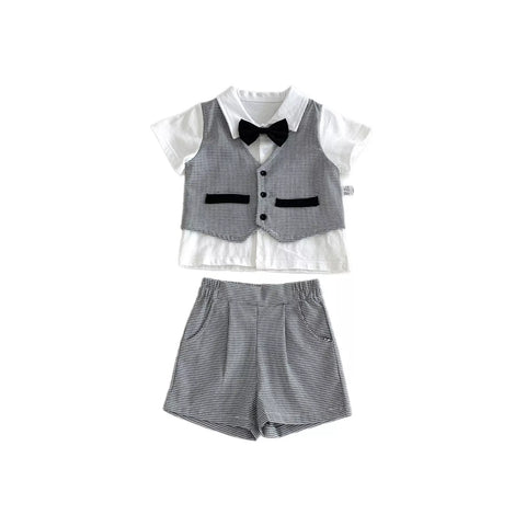 2 Pc Boys Houndstooth Bow Tie Vest Shirt & Shorts Set