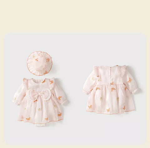 2 Pc Baby Girl Butterfly Sateen Dress with Hat