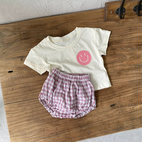 2 Pc Unisex Baby Happy Face Tee and Gingham Shorts