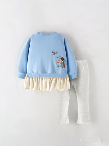2 Pc Girls Fairy Print Layered Sweatshirt  & Leggings Set