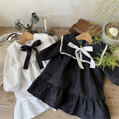 Baby Girl Textured Butterfly Collar Bow Dress