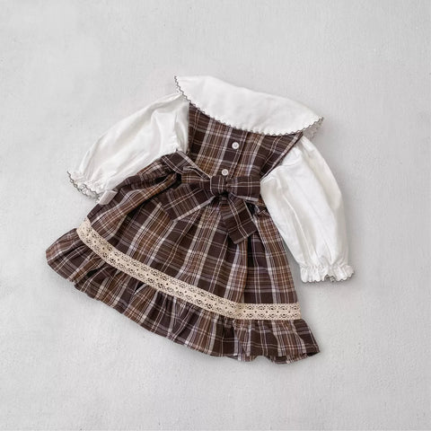 2 Pc Baby Girl Plaid Pinafore Dress with Shirt