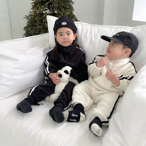 2 Pc Unisex Striped Quater Zip & Pants Set