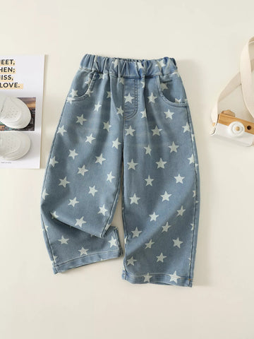 Toddler Girls Star Print Wide Leg Denim Pant