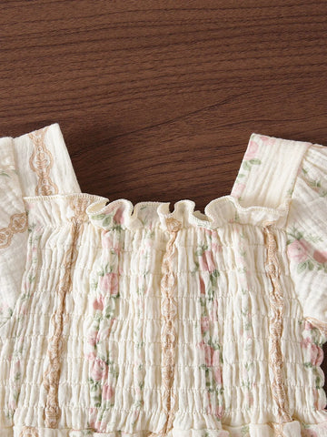 2 Pc Baby Girl Floral Smocked Romper & Bow Headband Set