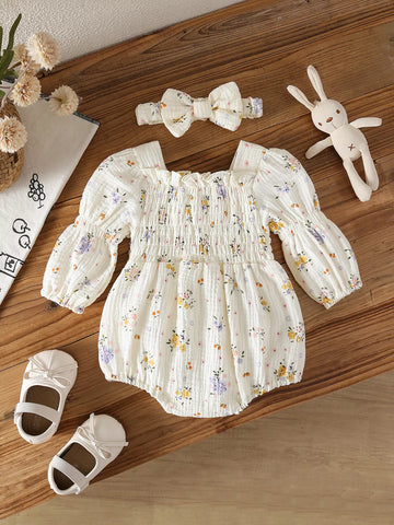 2 Pc Baby Girl Floral Smocked Romper & Bow Headband Set