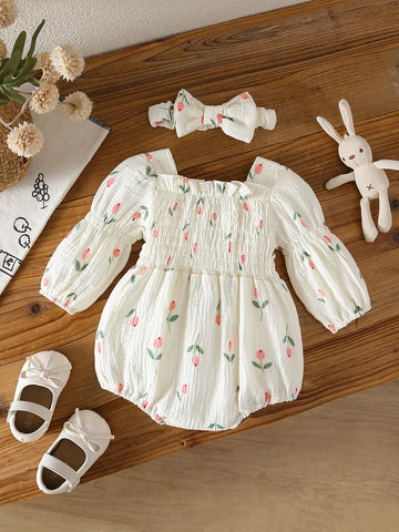 2 Pc Baby Girl Floral Smocked Romper & Bow Headband Set