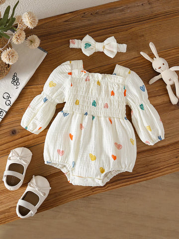 2 Pc Baby Girl Floral Smocked Romper & Bow Headband Set
