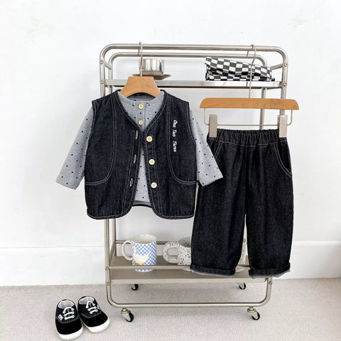 3 Pc Baby Boy Polka-Dot Shirt, Denim Vest & Pants Set