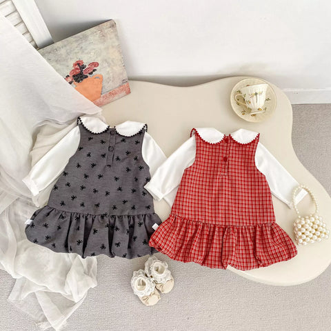 2 Pc Baby Girl Bow Print Peter Pan Collar Ruffle Dress
